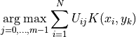 \operatorname*{arg\,max}_{j=0,\ldots,m-1} \sum_{i=1}^N U_{ij} K(x_i, y_k)