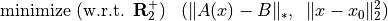 \newcommand{\reals}{\mbox{\bf R}}
\begin{array}{ll}
\mbox{minimize (w.r.t. $\reals_2^+$)} &
(\|A(x) - B\|_*, \;\; \| x-x_0\|_2^2)
\end{array}