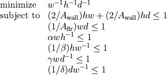 \begin{array}{ll}
\mbox{minimize}
& w^{-1} h^{-1} d^{-1} \\
\mbox{subject to}
& (2/A_\mathrm{wall}) hw + (2/A_\mathrm{wall})hd \leq 1 \\
& (1/A_\mathrm{flr}) wd \leq 1 \\
& \alpha wh^{-1} \leq 1 \\
& (1/\beta) hw^{-1} \leq 1 \\
& \gamma wd^{-1} \leq 1 \\
& (1/\delta)dw^{-1} \leq 1
\end{array}